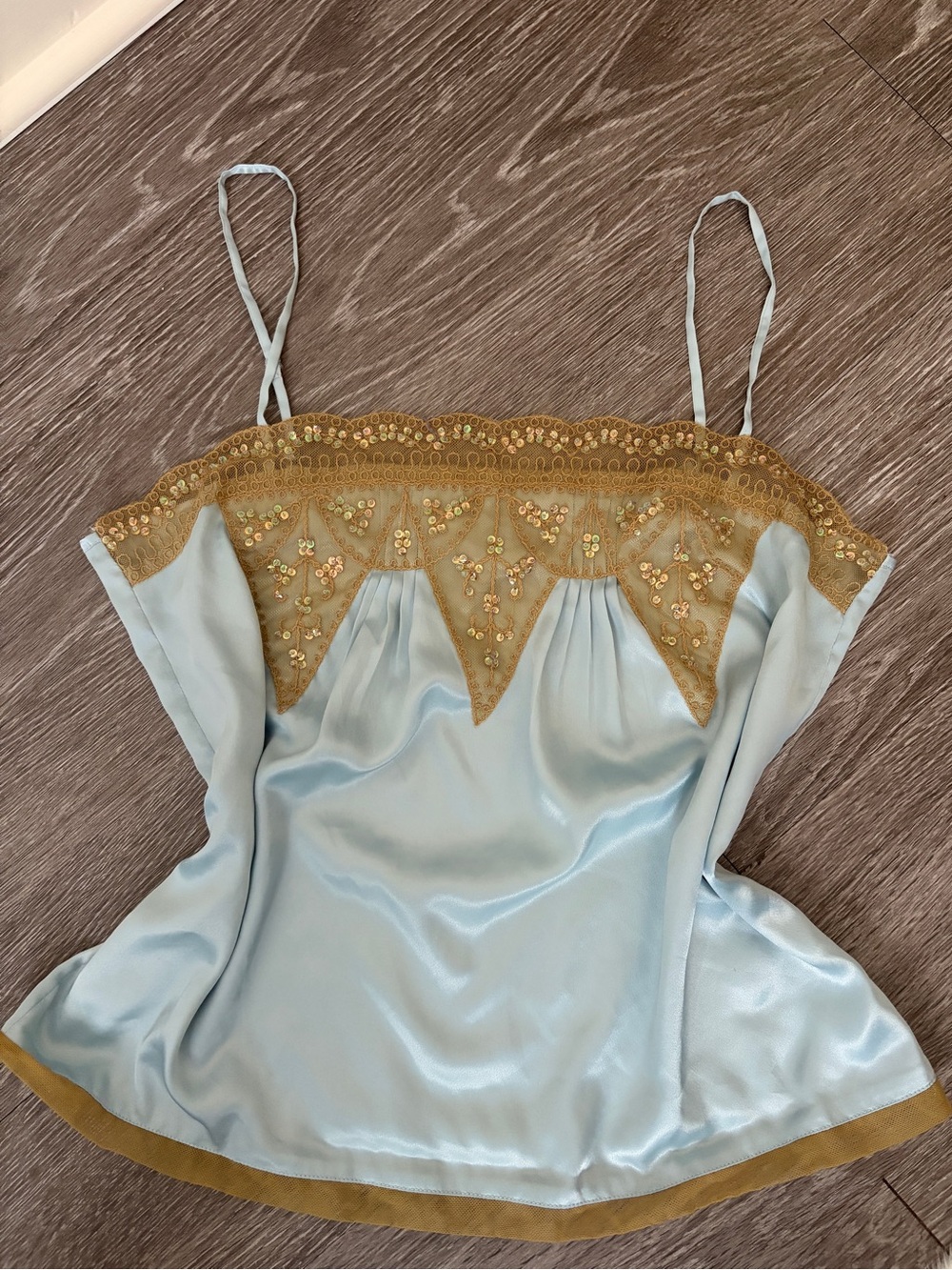 Vintage Victoria's Secret Light Blue Camisole with Gold Beaded Lace Size Medium